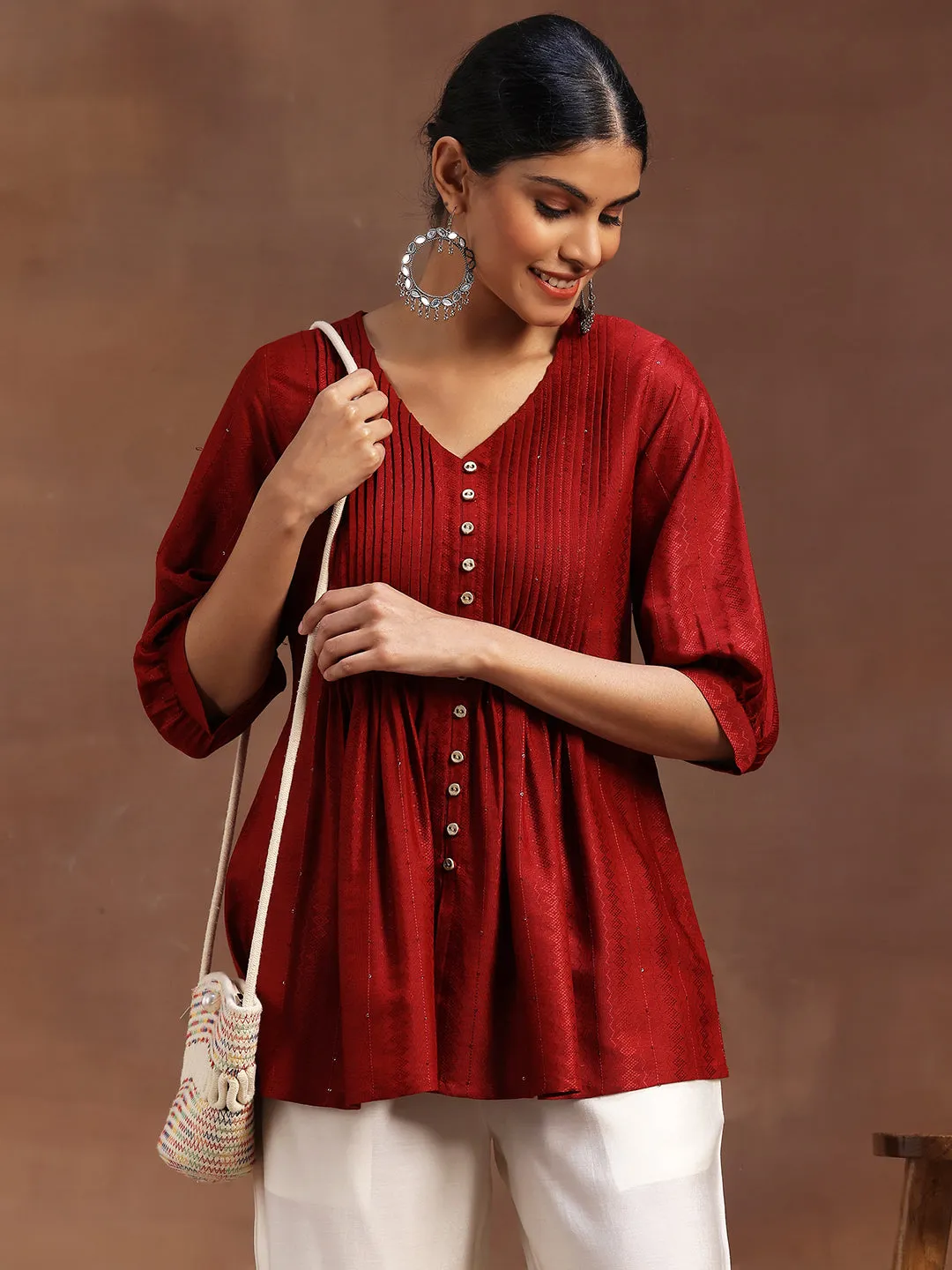 29104O.Main_.webp Red Woven Design Silk Blend A-Line Kurti - Image 1