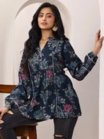 Blue Printed Silk Blend A-Line Short Kurti - Image 3