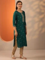 Green Embroidered Silk Blend Straight Kurta - Image 2