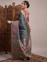 Teal Woven Viscose Saree with Unstitched Blouse - Image 3